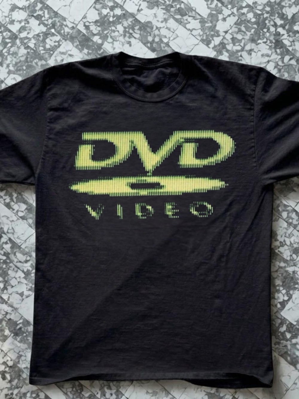 DVD Video Glitch Scanline Logo Lime Green Vintage Black T-Shirt